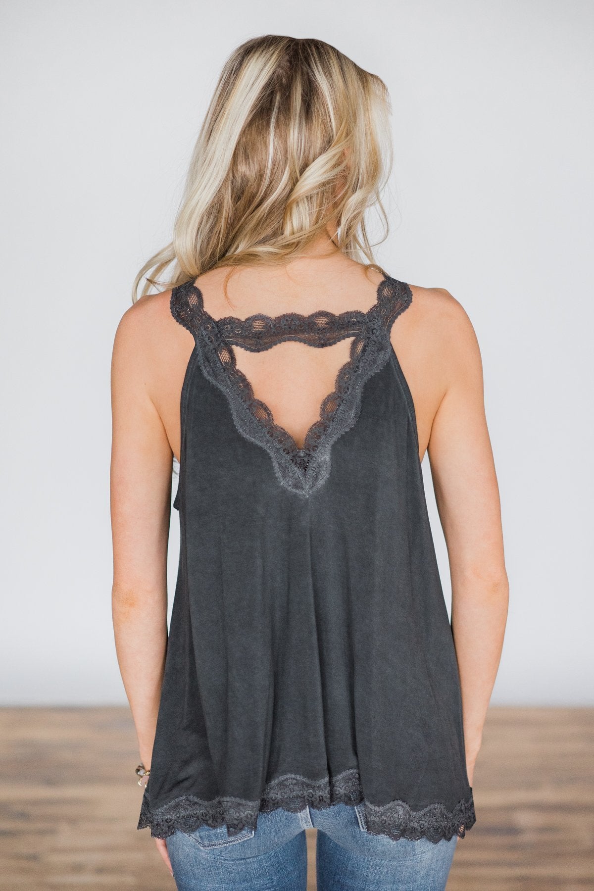Cherished Moment Lace Tank - Charcoal