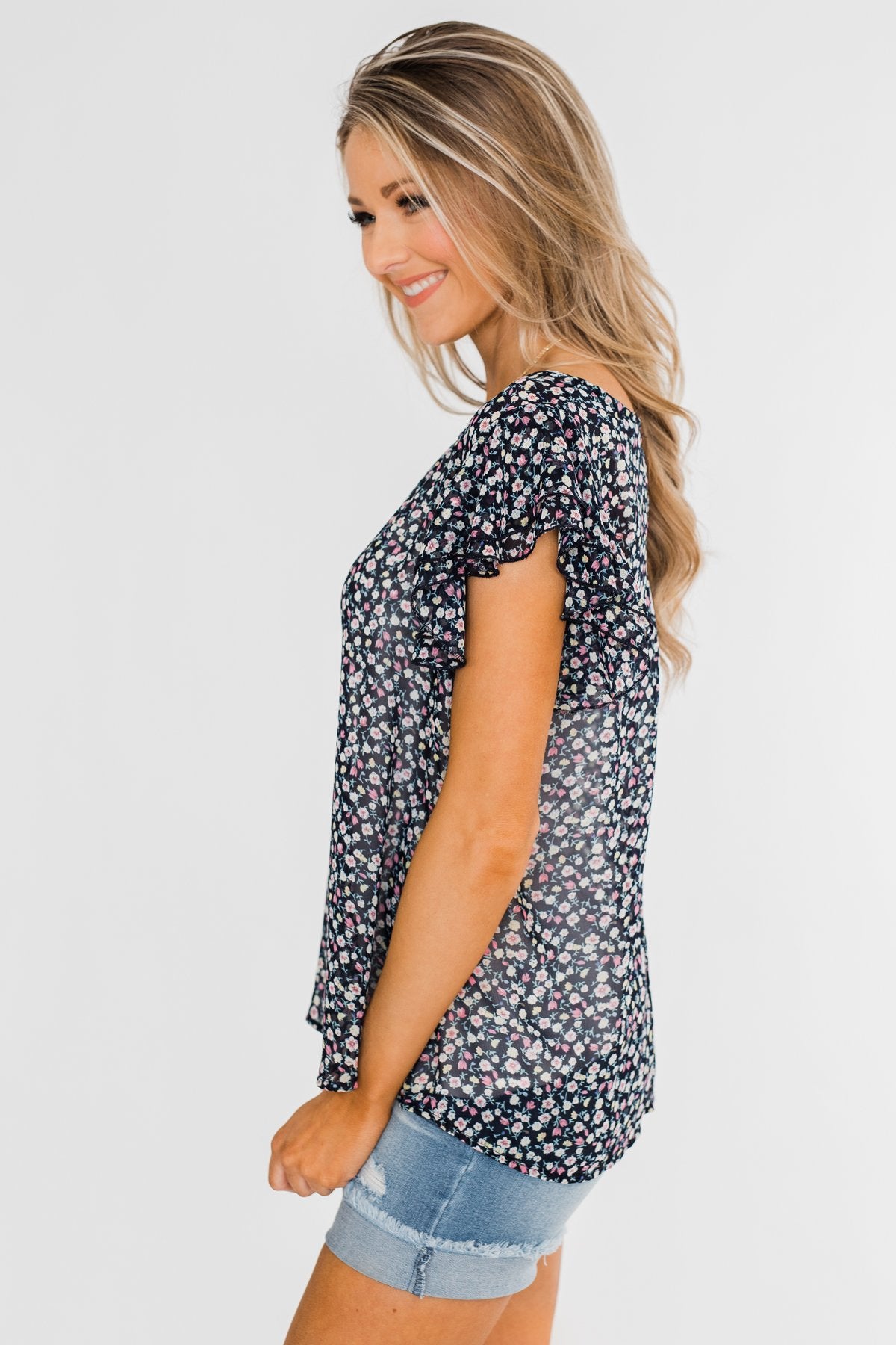 In Perfect Harmony Floral Ruffle Sleeve Top- Navy