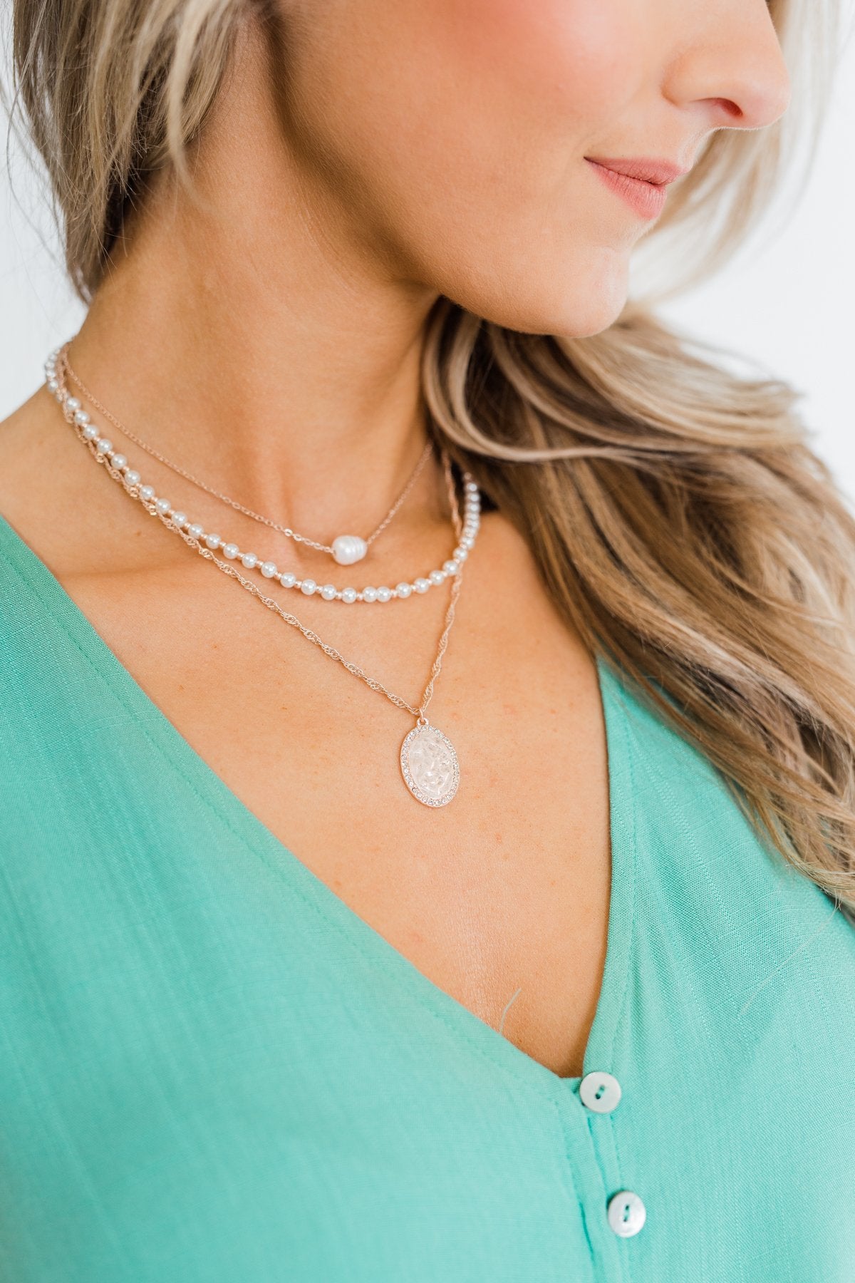 3 Tier Pearl & Oval Pendant Necklace- Rose Gold