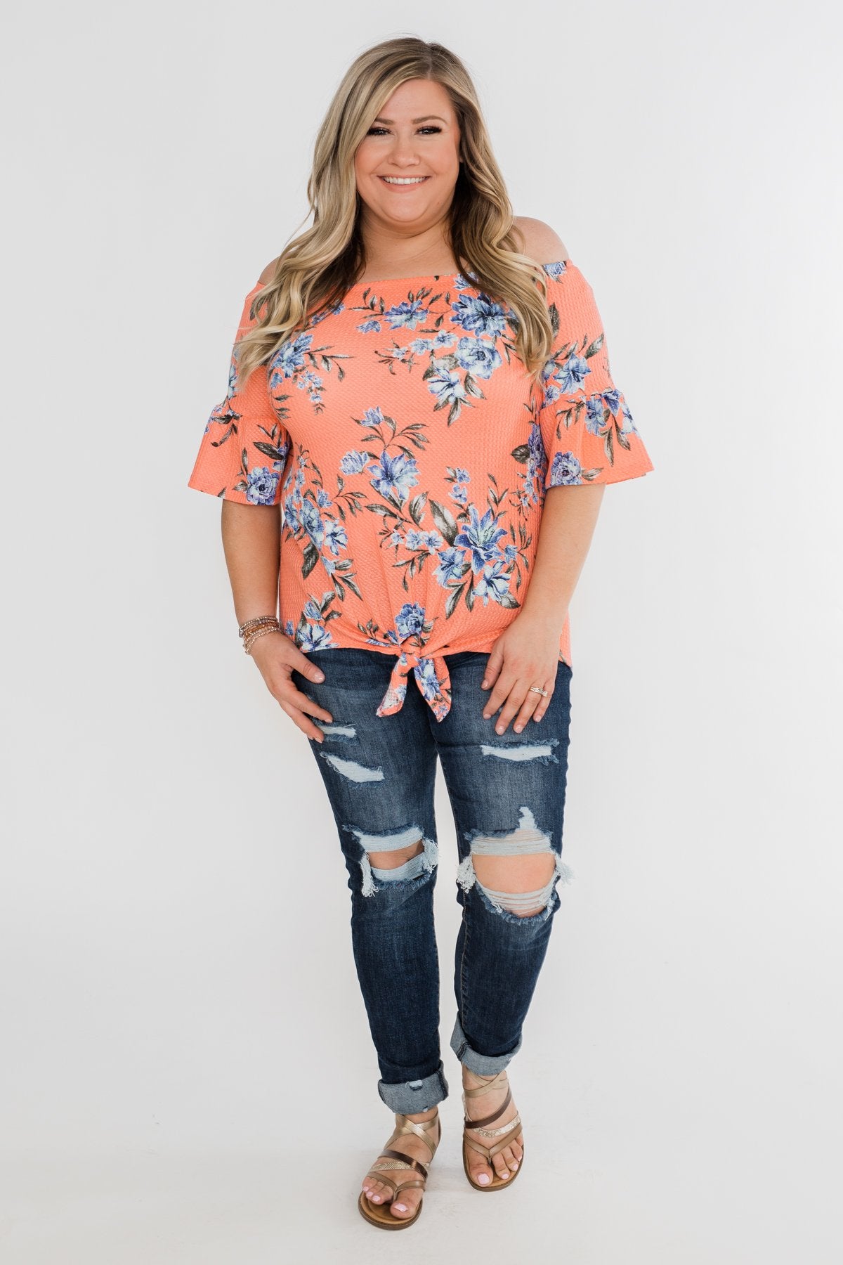 Let's Get Away Off The Shoulder Floral Top- Peachy Orange