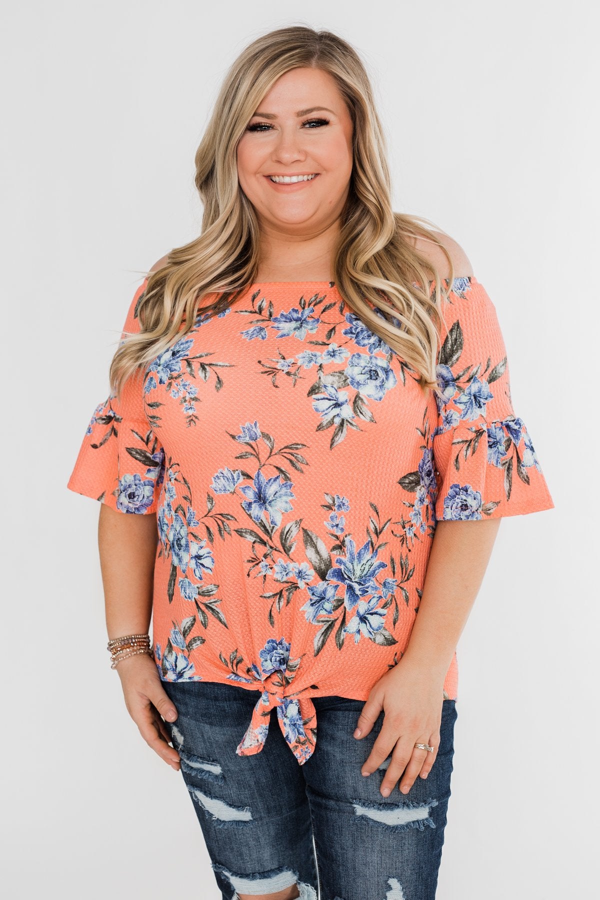 Let's Get Away Off The Shoulder Floral Top- Peachy Orange