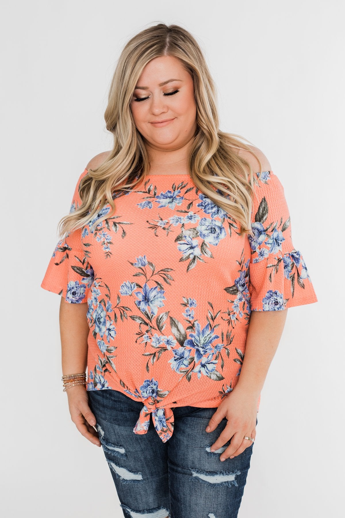 Let's Get Away Off The Shoulder Floral Top- Peachy Orange