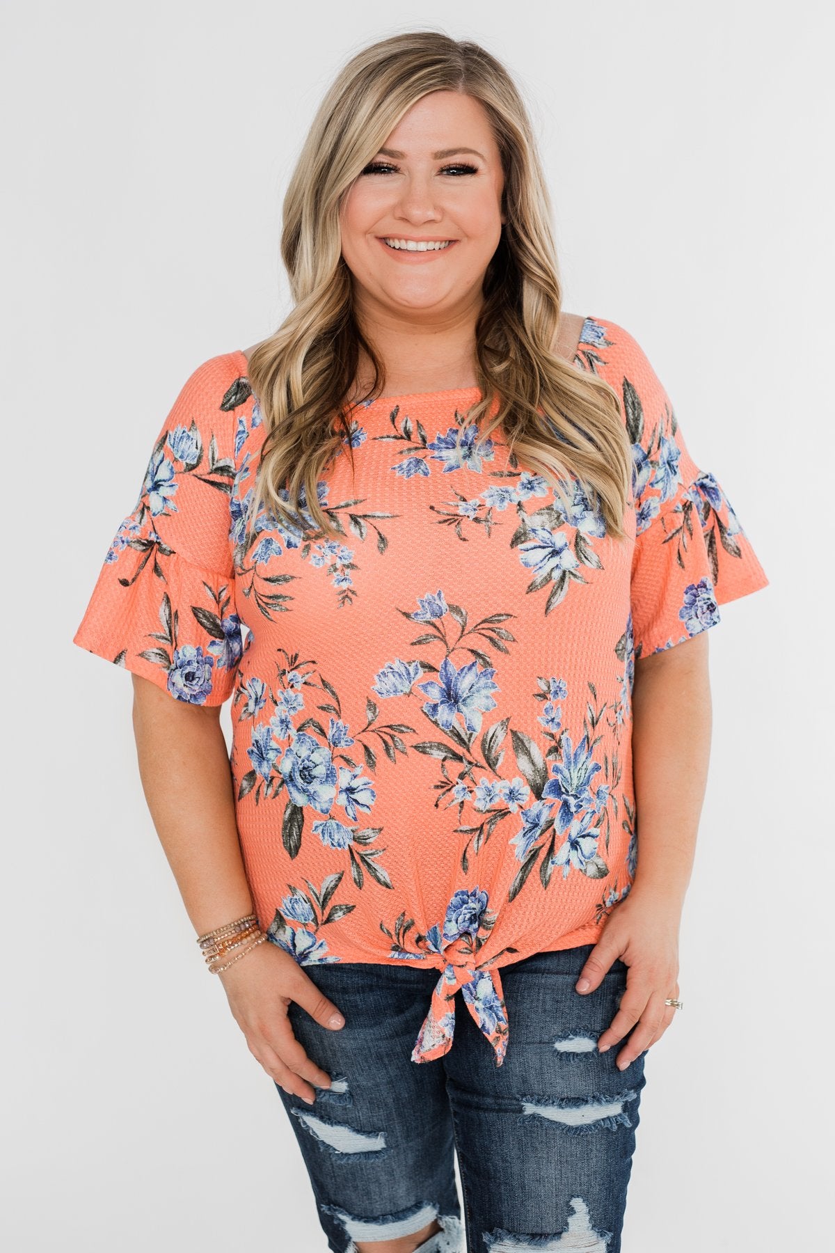Let's Get Away Off The Shoulder Floral Top- Peachy Orange