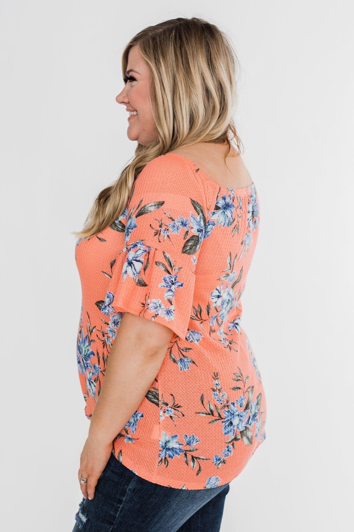 Let's Get Away Off The Shoulder Floral Top- Peachy Orange