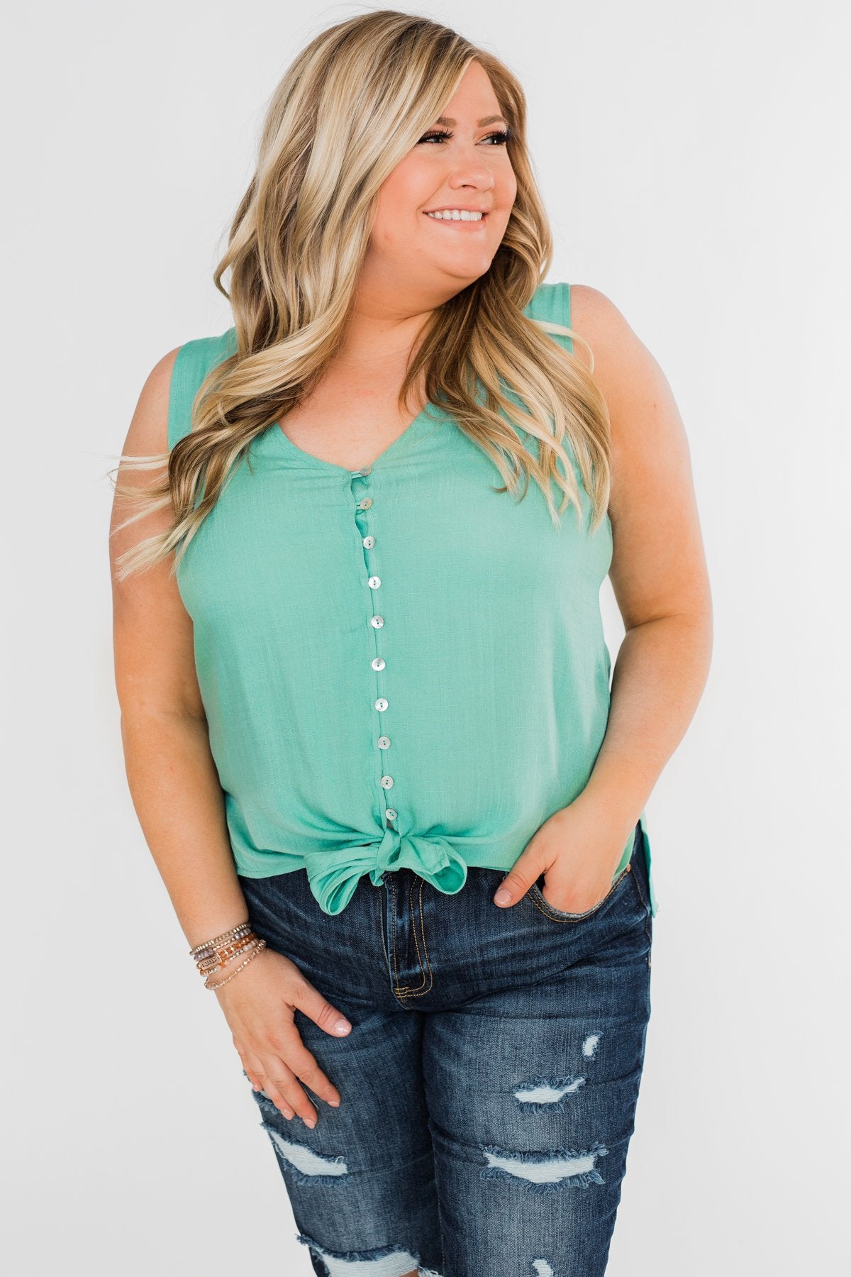 Meant To Be Mine Button Tank Top- Mint Blue