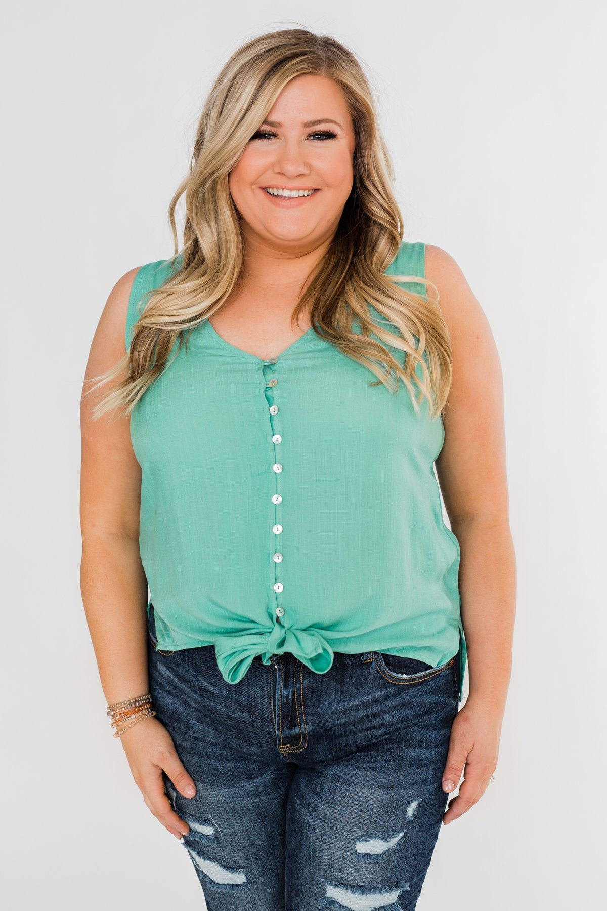 Meant To Be Mine Button Tank Top- Mint Blue