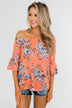 Let's Get Away Off The Shoulder Floral Top- Peachy Orange