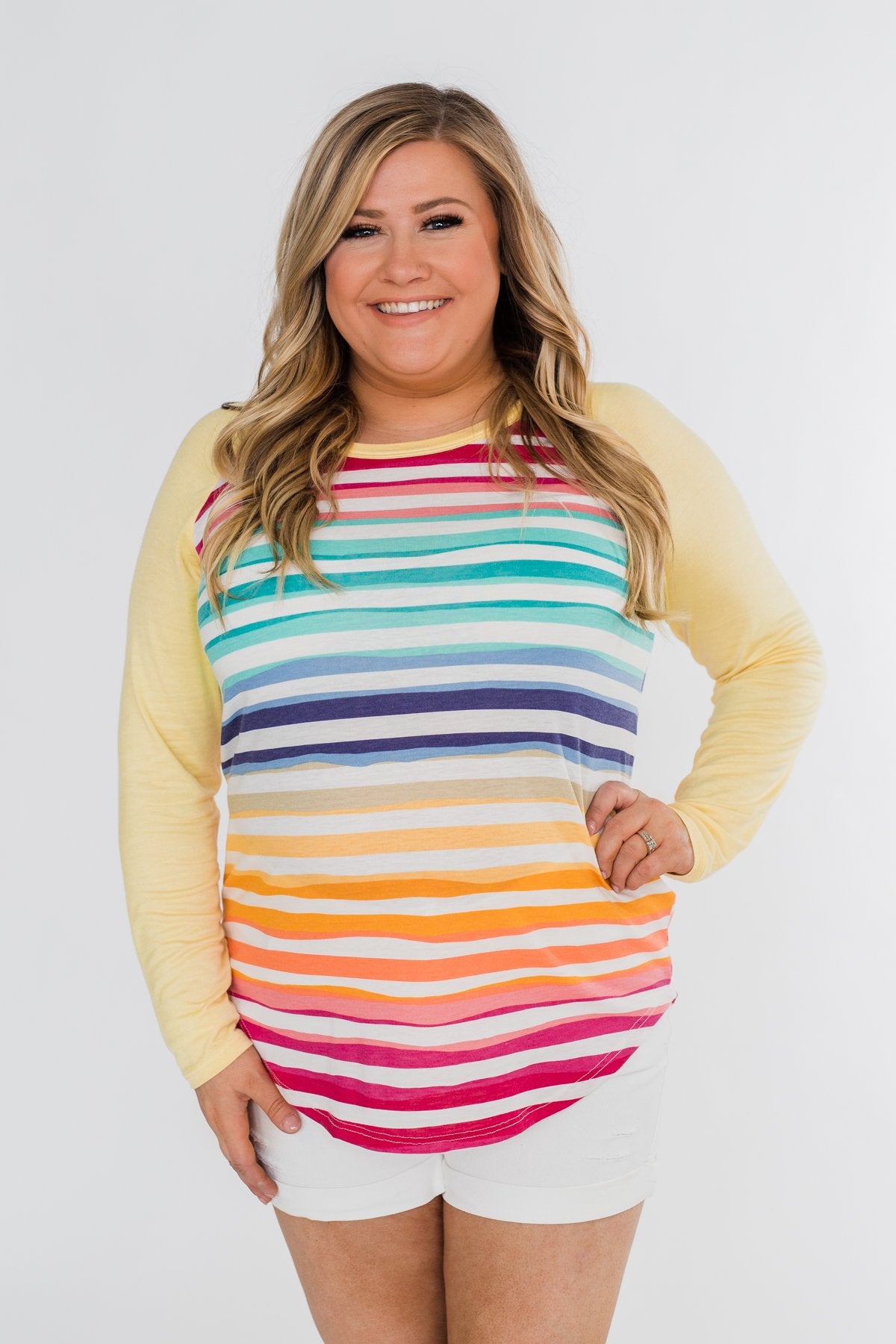Waves of Color Striped Color Block Top- Yellow