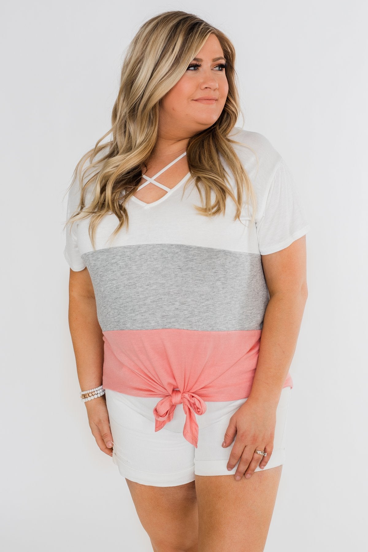 By My Side Criss Cross Color Block Top- Ivory, Grey, Pink