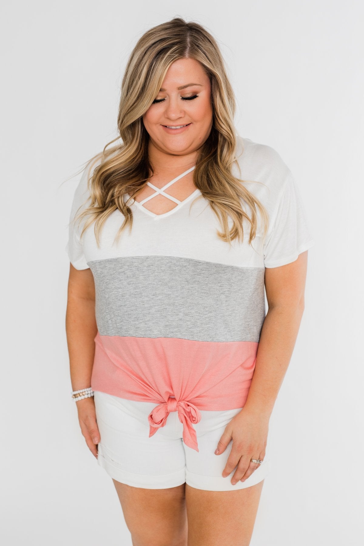 By My Side Criss Cross Color Block Top- Ivory, Grey, Pink