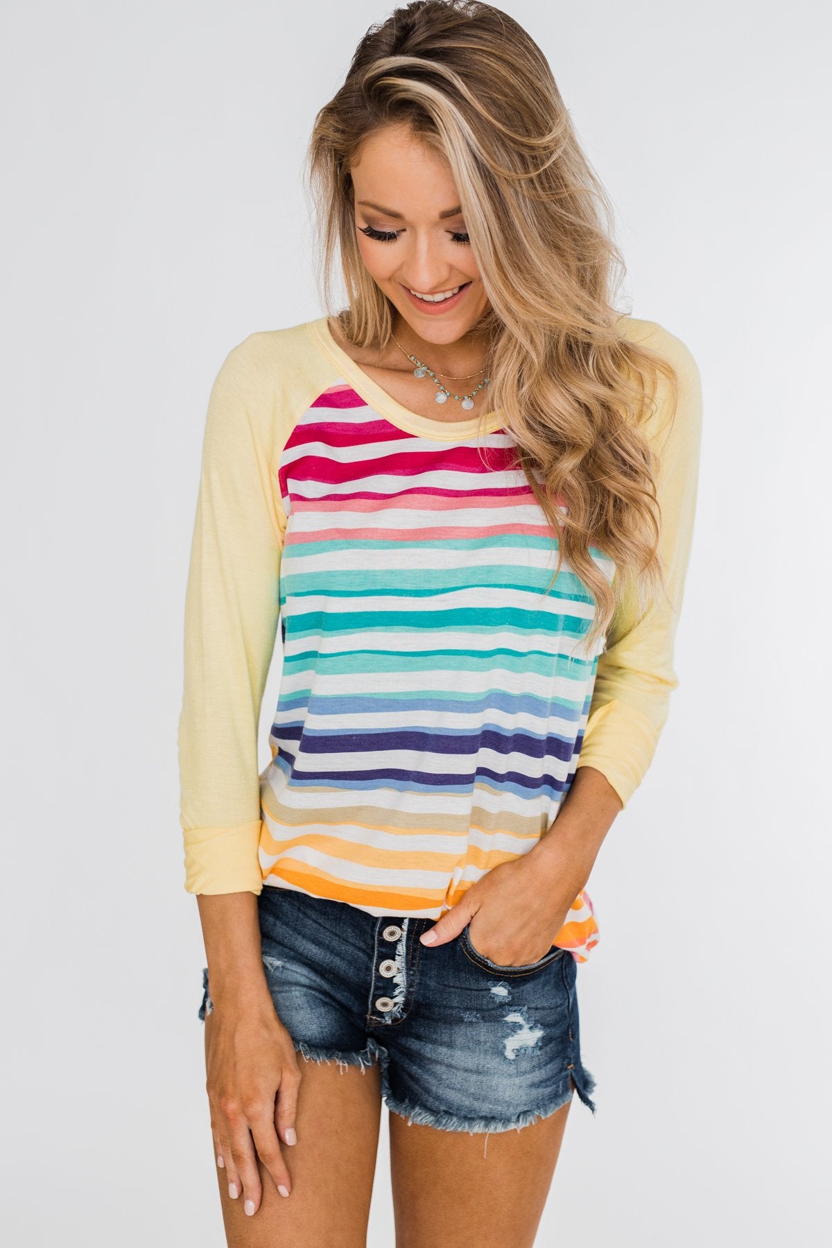 Waves of Color Striped Color Block Top- Yellow