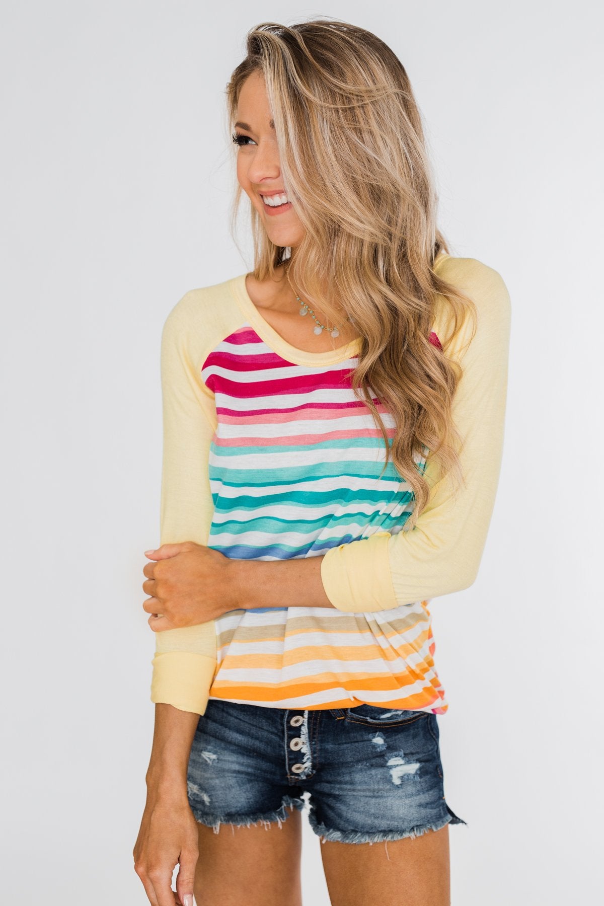 Waves of Color Striped Color Block Top- Yellow