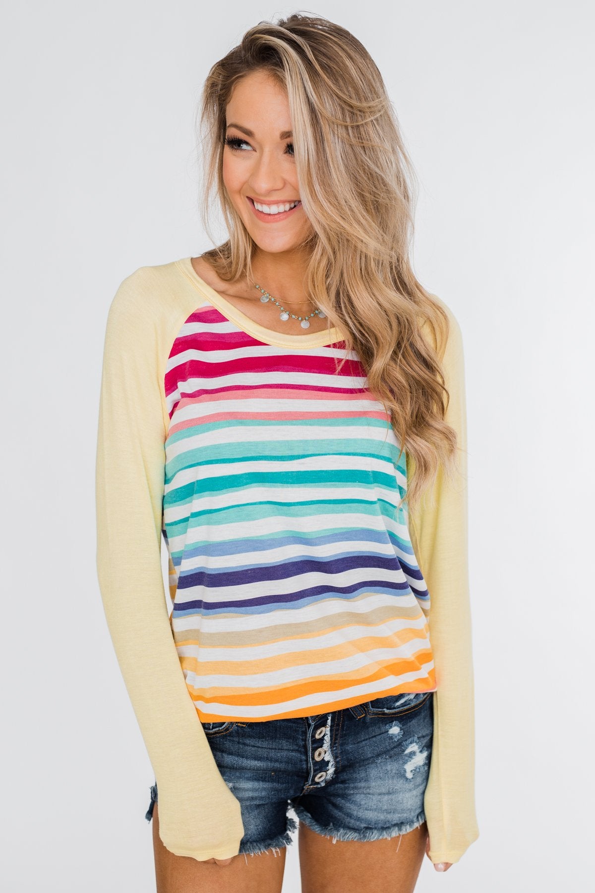 Waves of Color Striped Color Block Top- Yellow