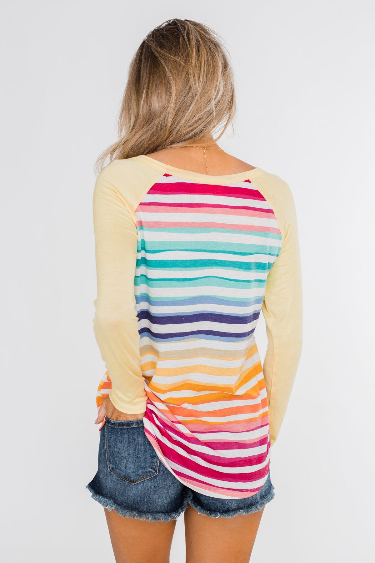 Waves of Color Striped Color Block Top- Yellow