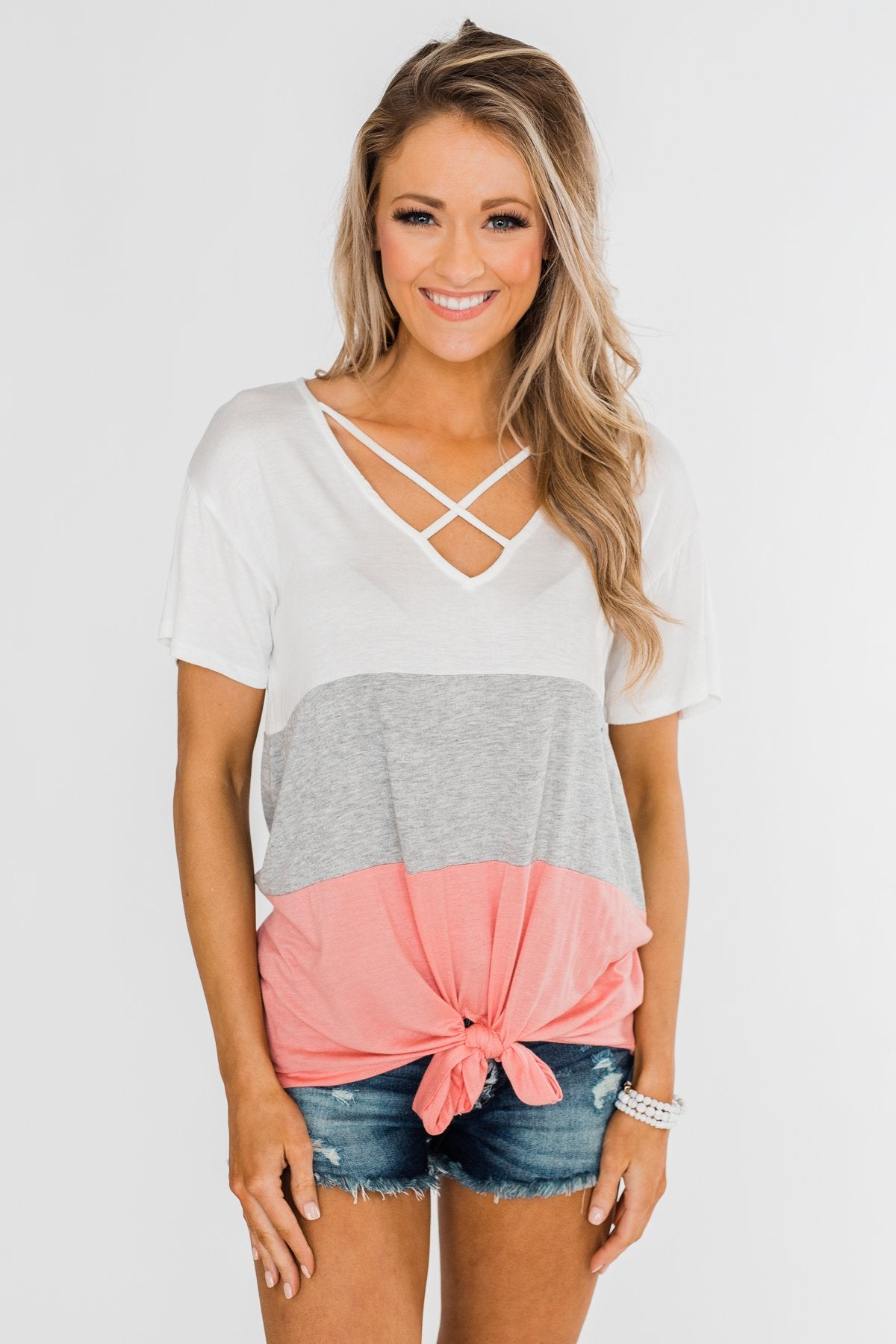 By My Side Criss Cross Color Block Top- Ivory, Grey, Pink
