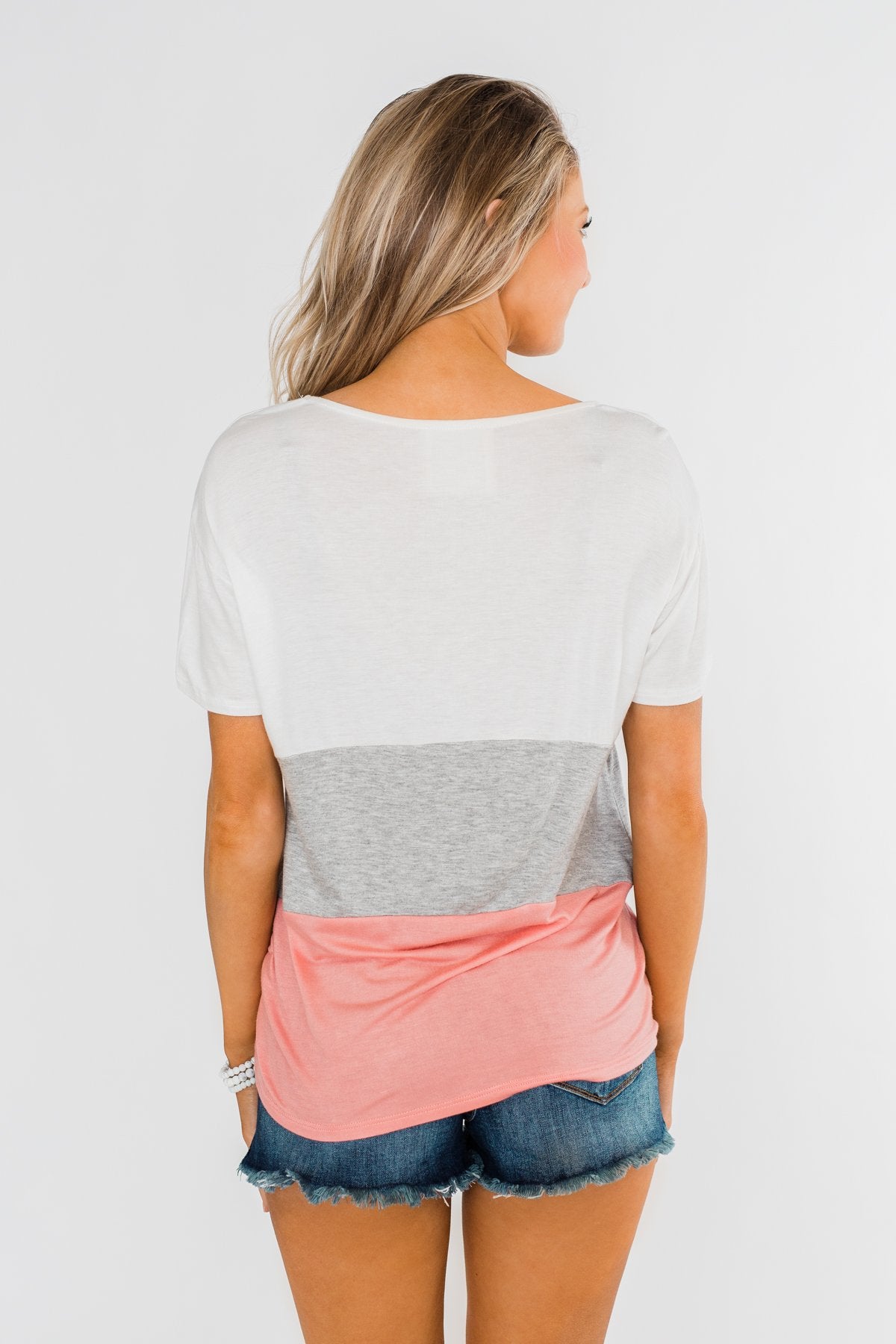 By My Side Criss Cross Color Block Top- Ivory, Grey, Pink