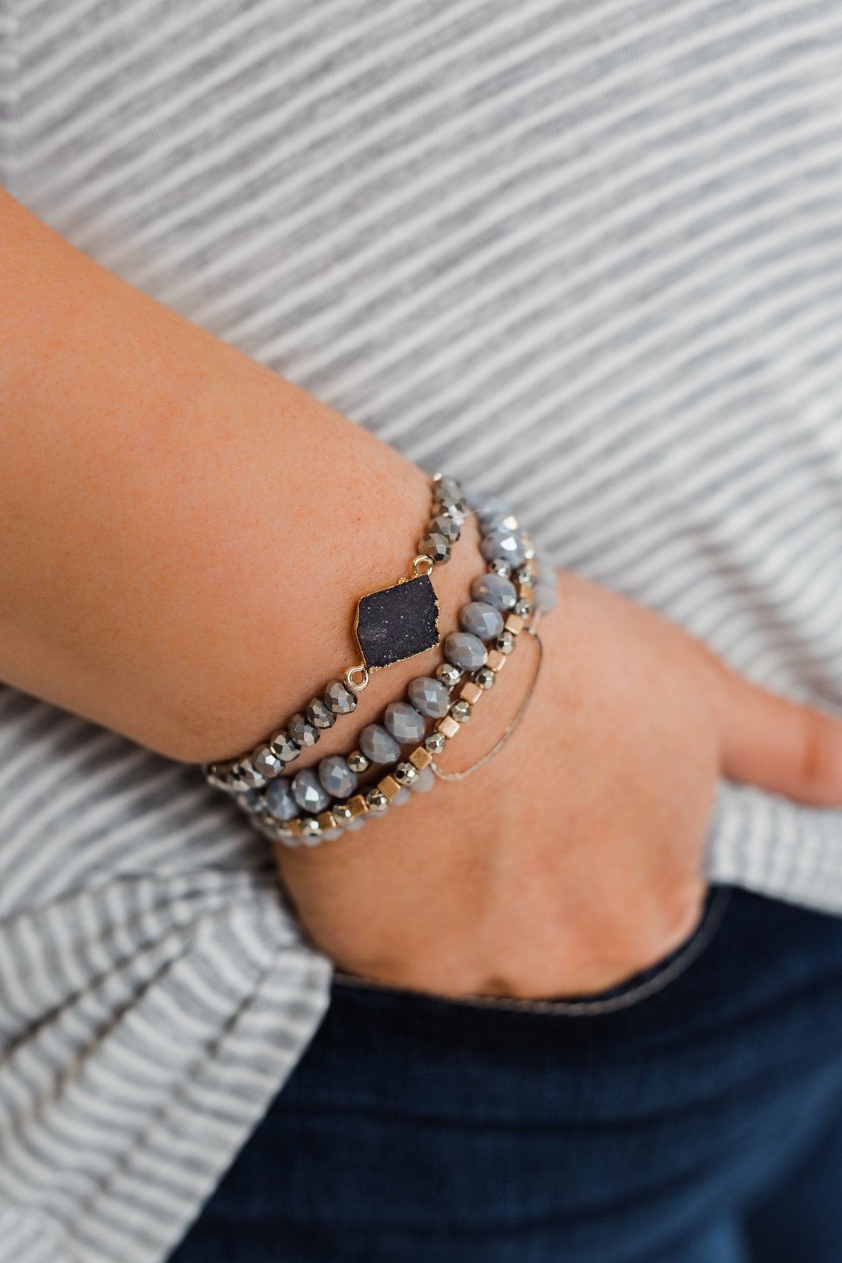 Oval & Stone Bracelet Set- Grey