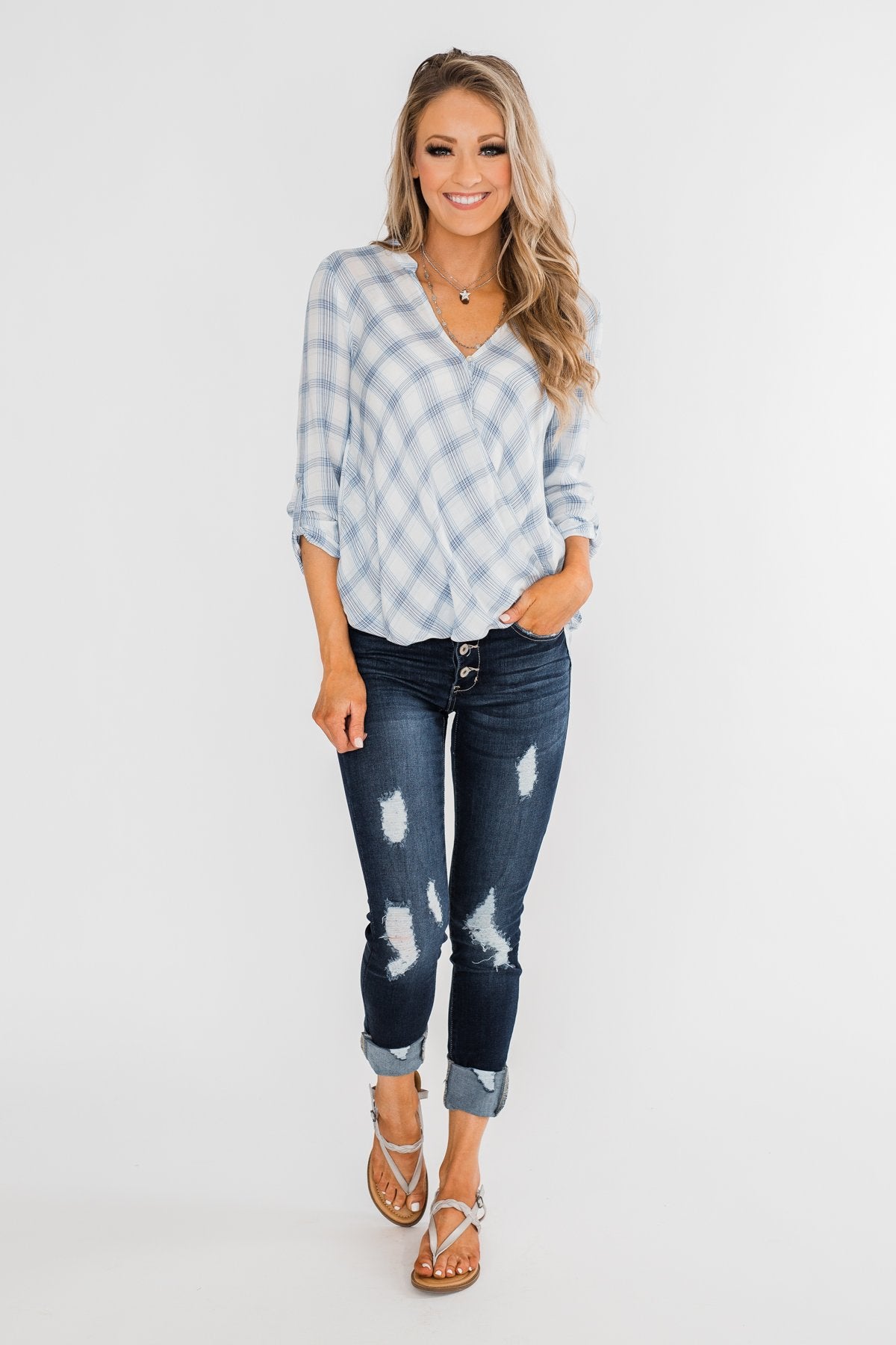 Just In Time Plaid Wrap Top- Blue