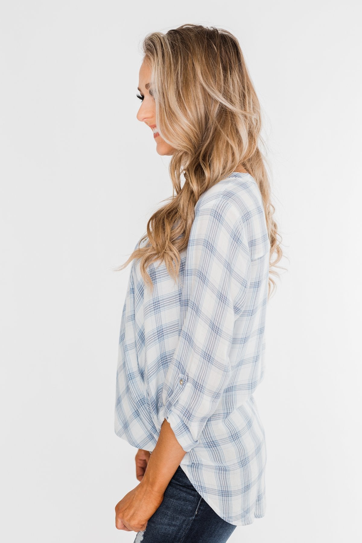 Just In Time Plaid Wrap Top- Blue