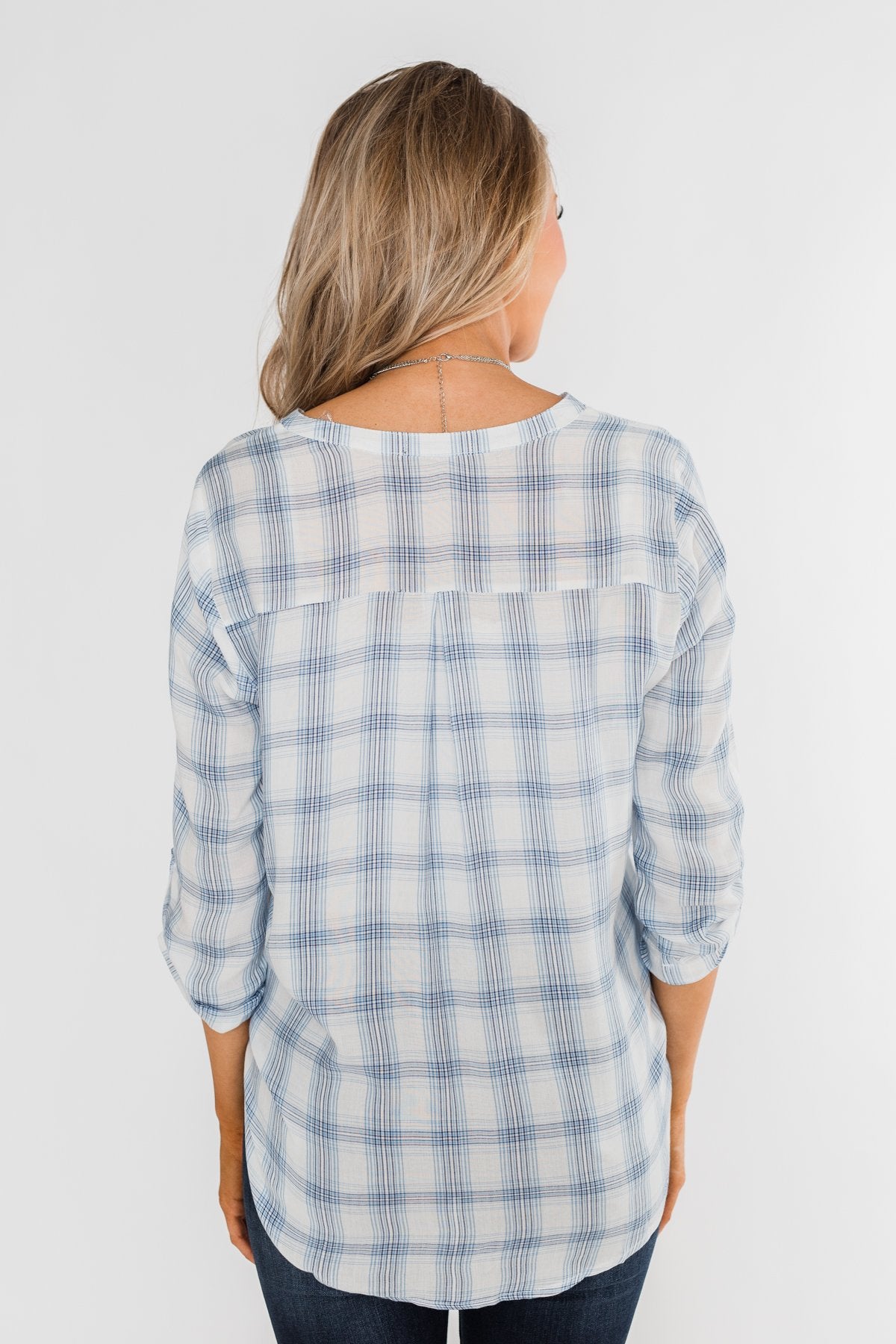Just In Time Plaid Wrap Top- Blue