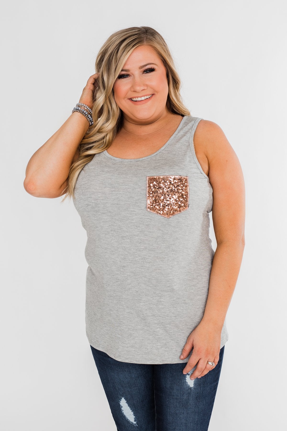 Give it More Glam Pocket Tank- Heather Grey