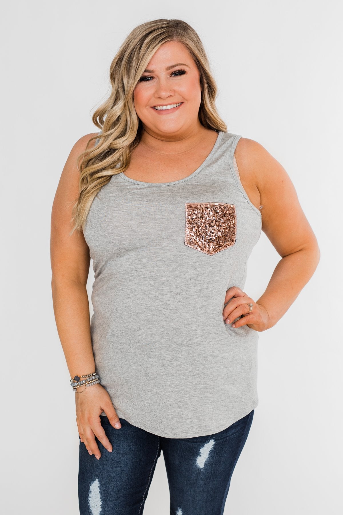Give it More Glam Pocket Tank- Heather Grey