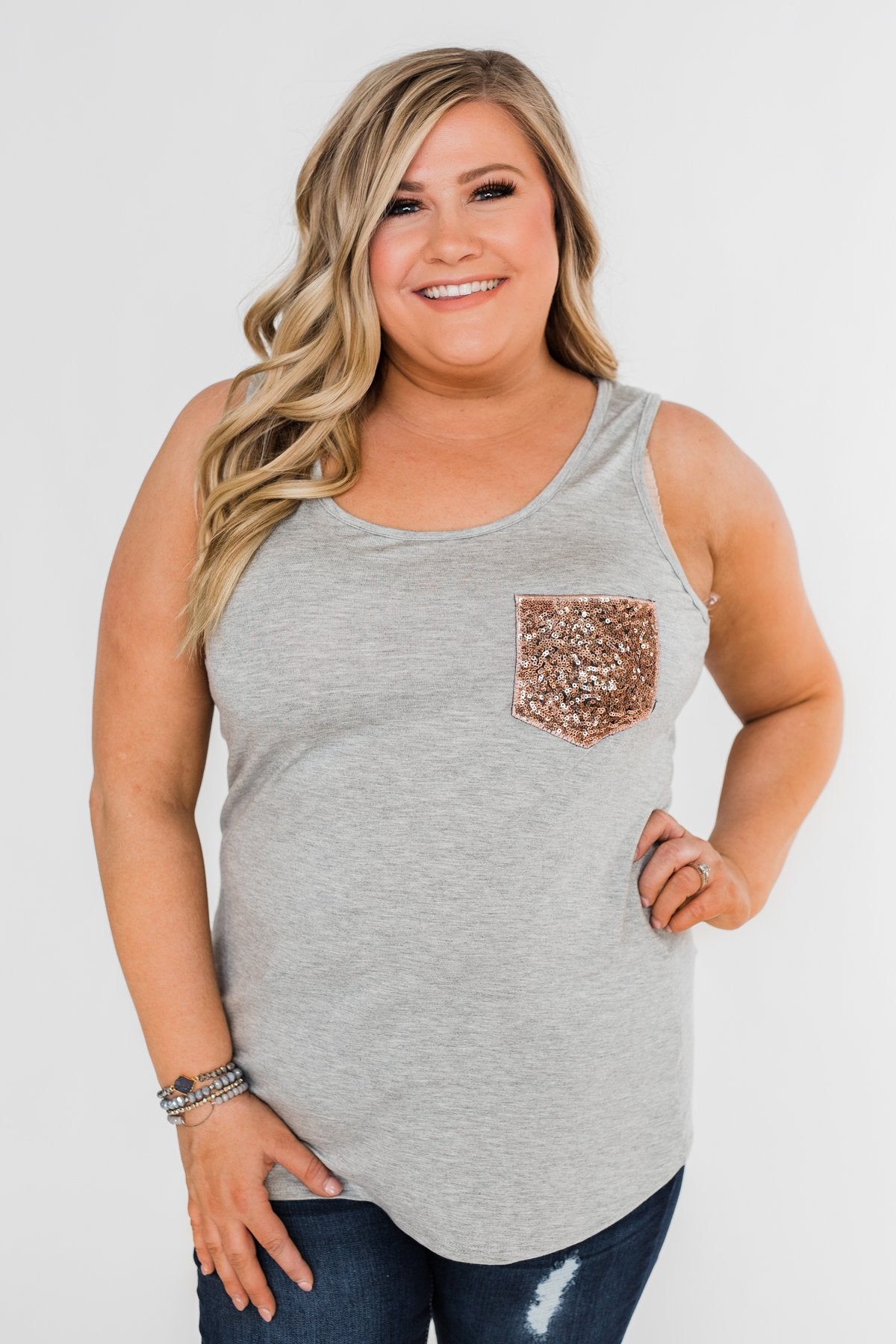Give it More Glam Pocket Tank- Heather Grey