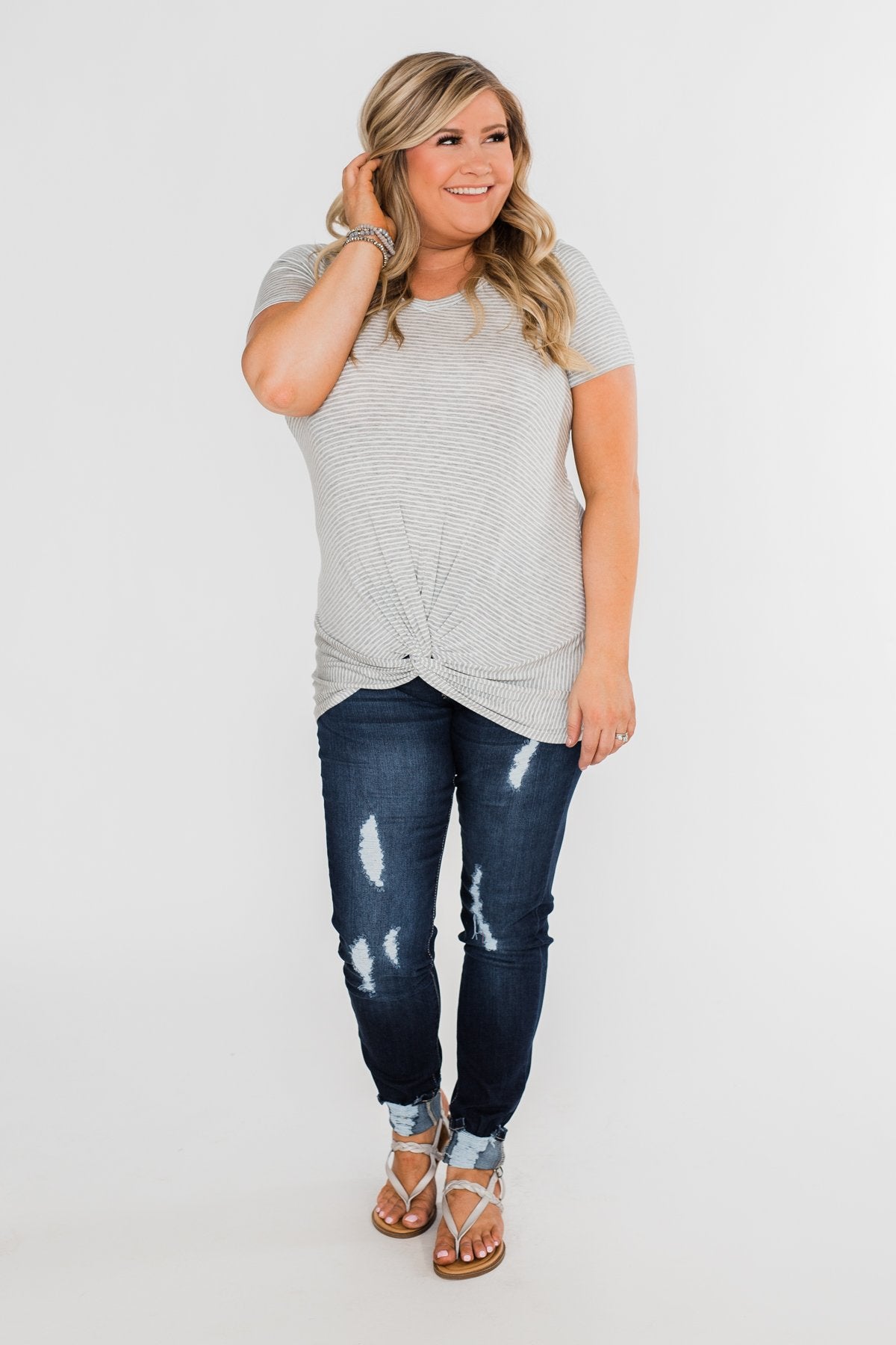 Knot This Time Striped Top- Heather Grey