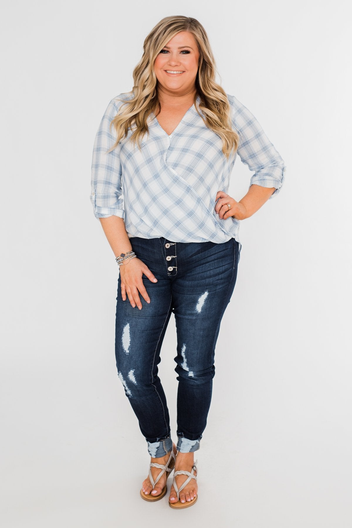 Just In Time Plaid Wrap Top- Blue