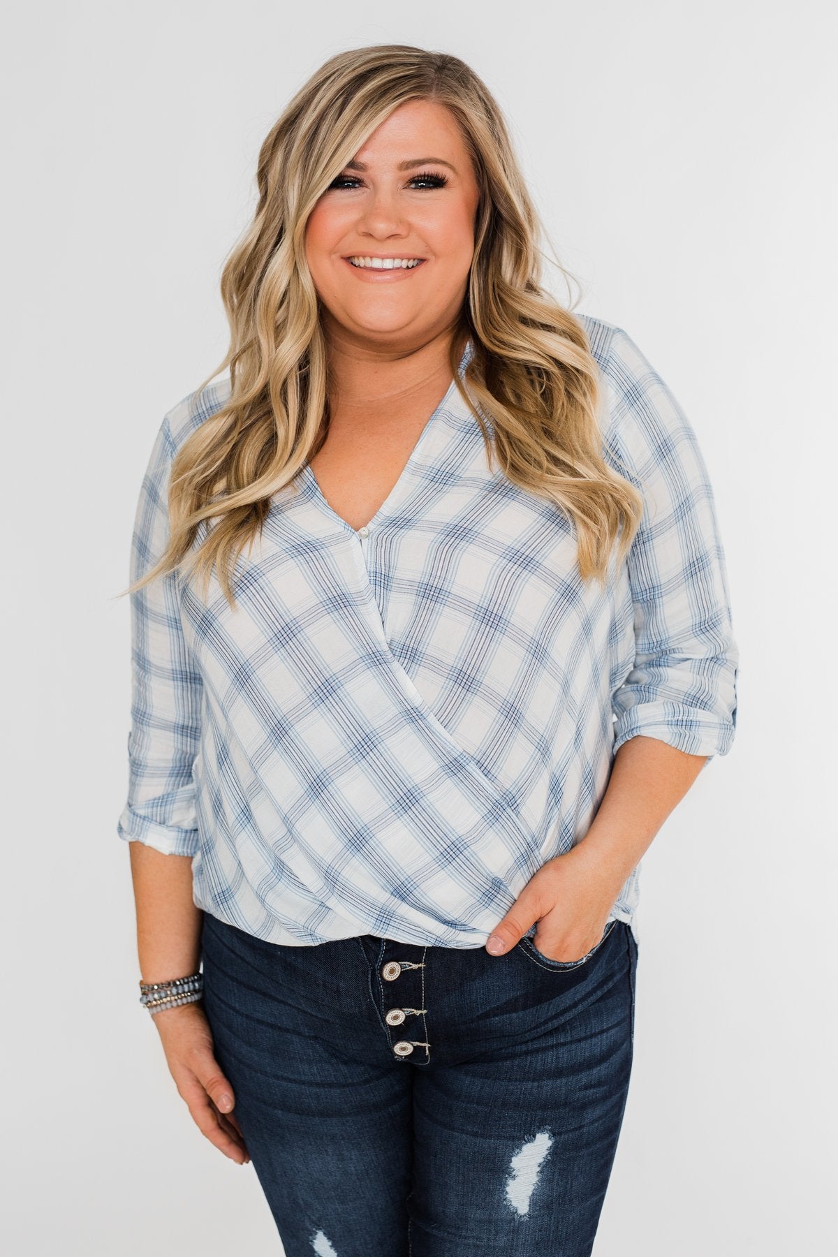Just In Time Plaid Wrap Top- Blue