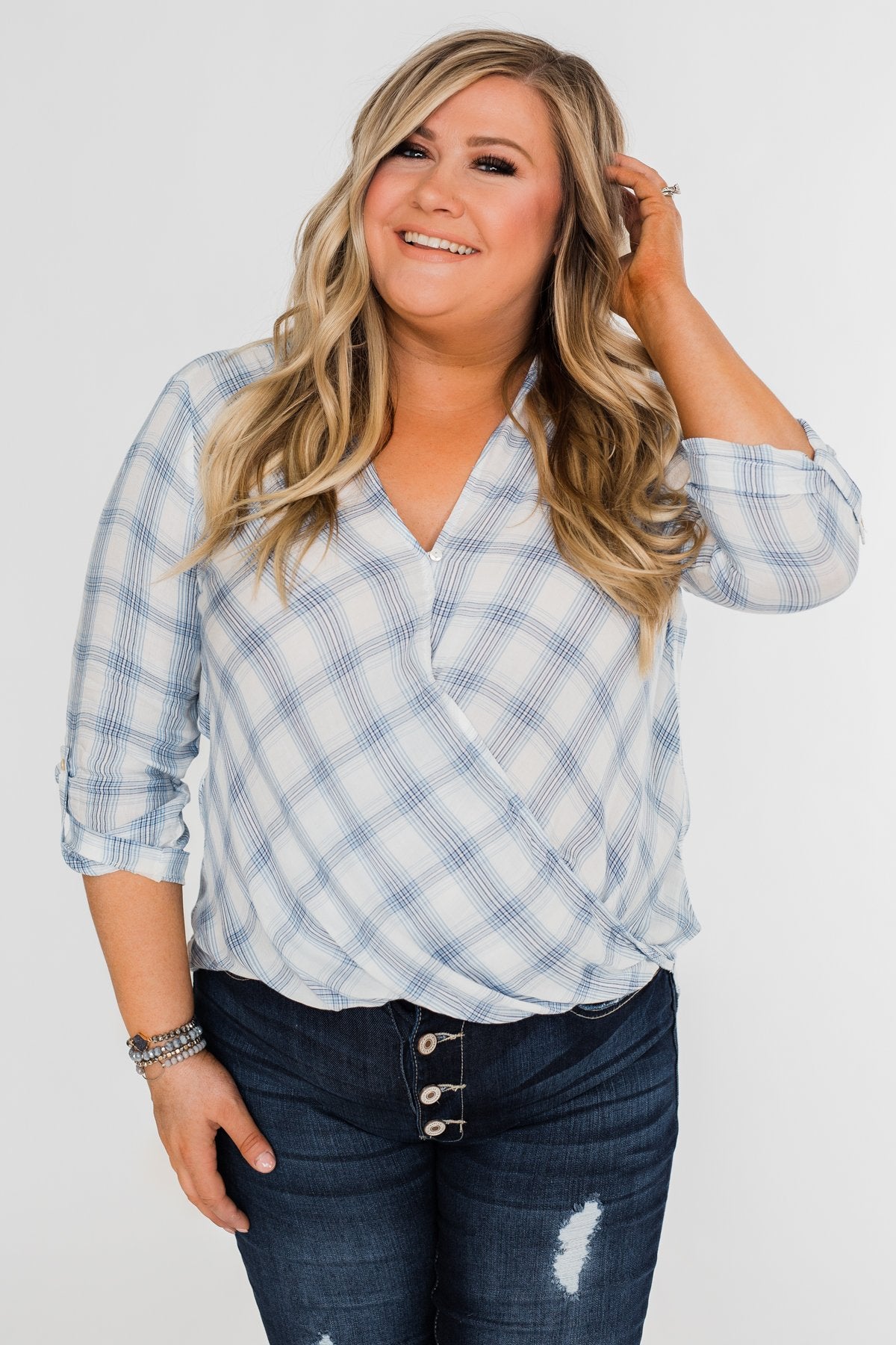 Just In Time Plaid Wrap Top- Blue