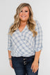 Just In Time Plaid Wrap Top- Blue