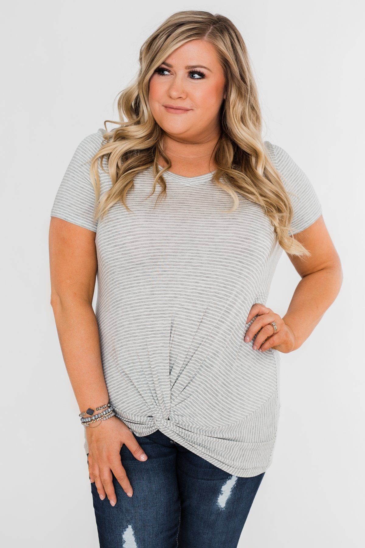 Knot This Time Striped Top- Heather Grey