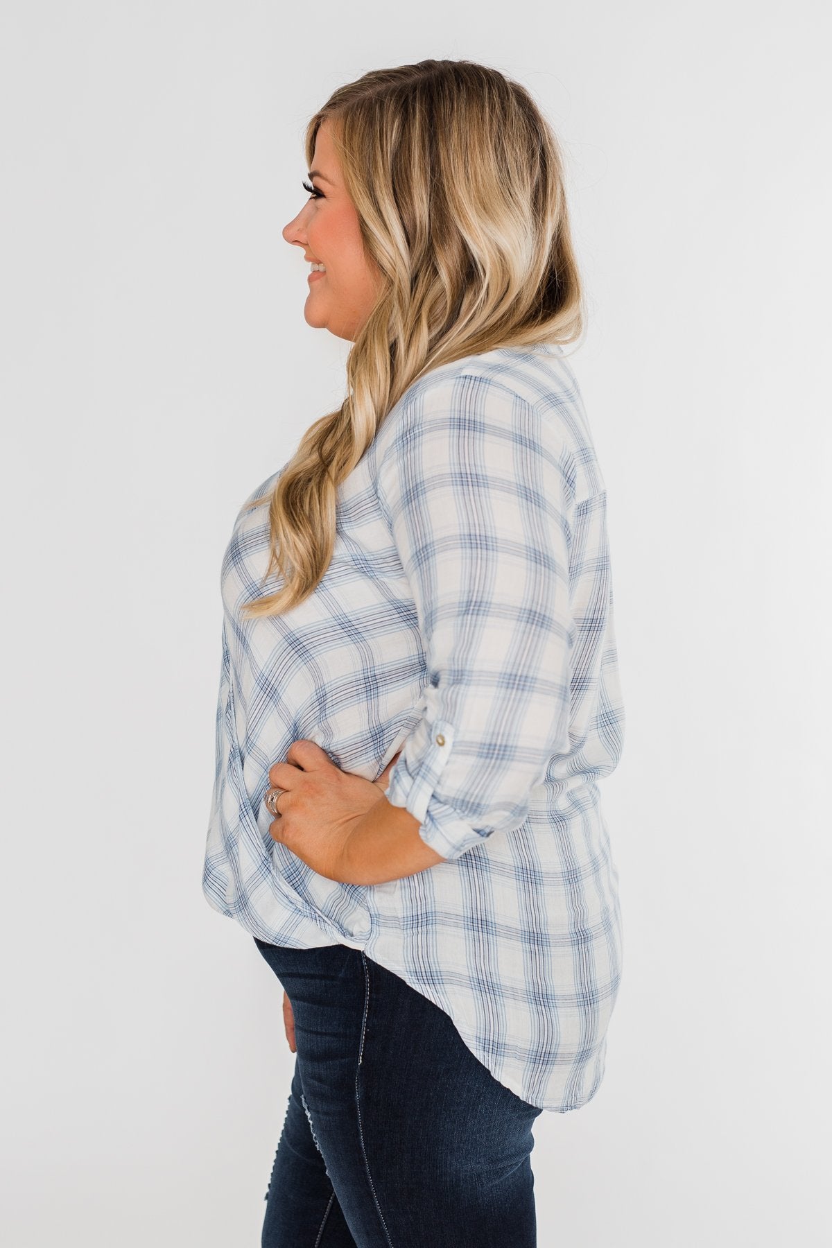 Just In Time Plaid Wrap Top- Blue