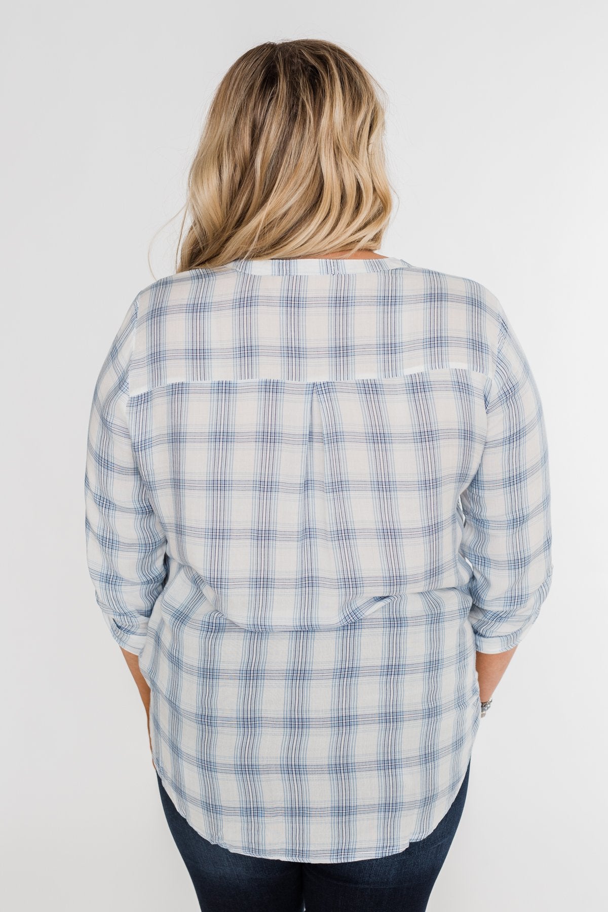 Just In Time Plaid Wrap Top- Blue