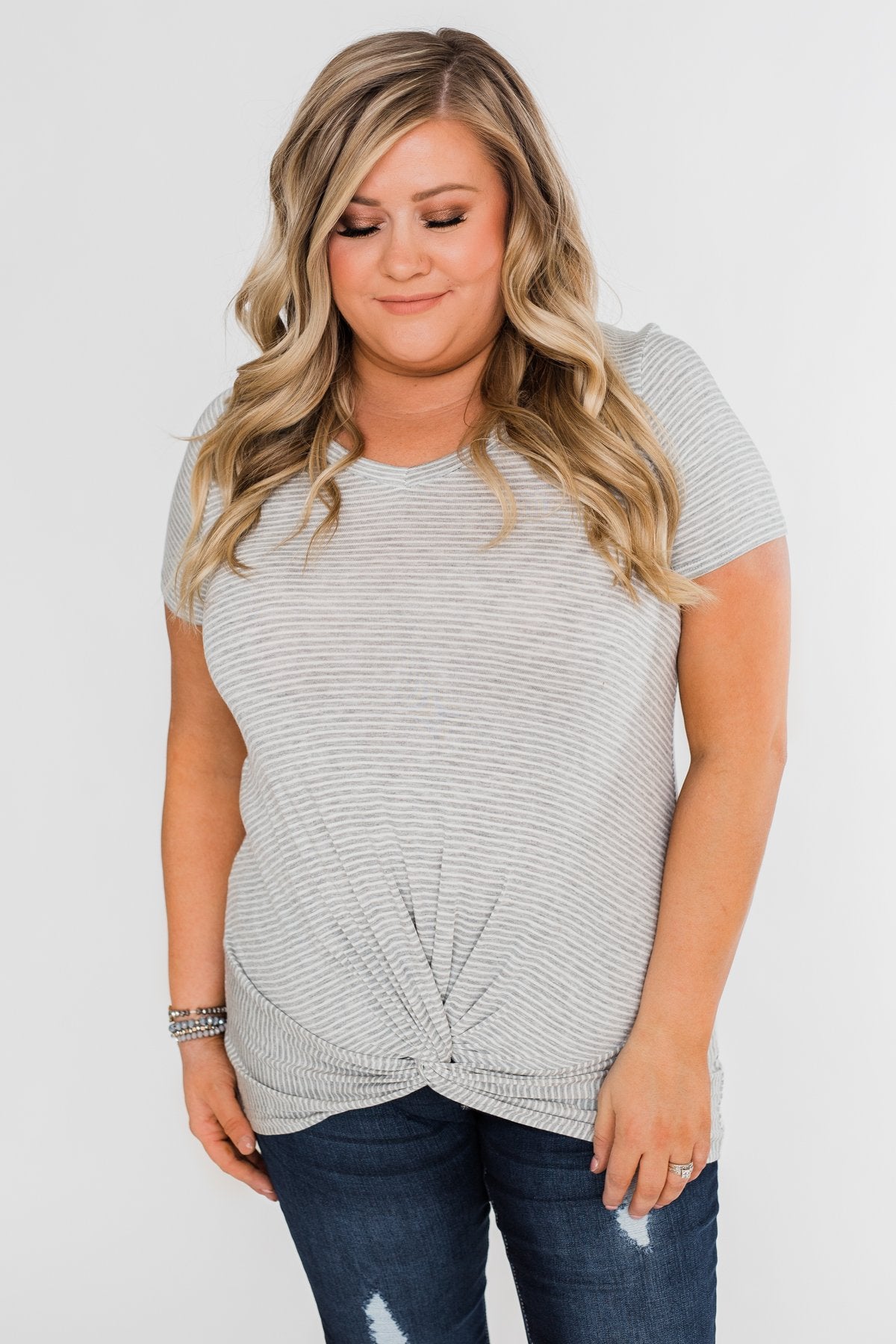 Knot This Time Striped Top- Heather Grey