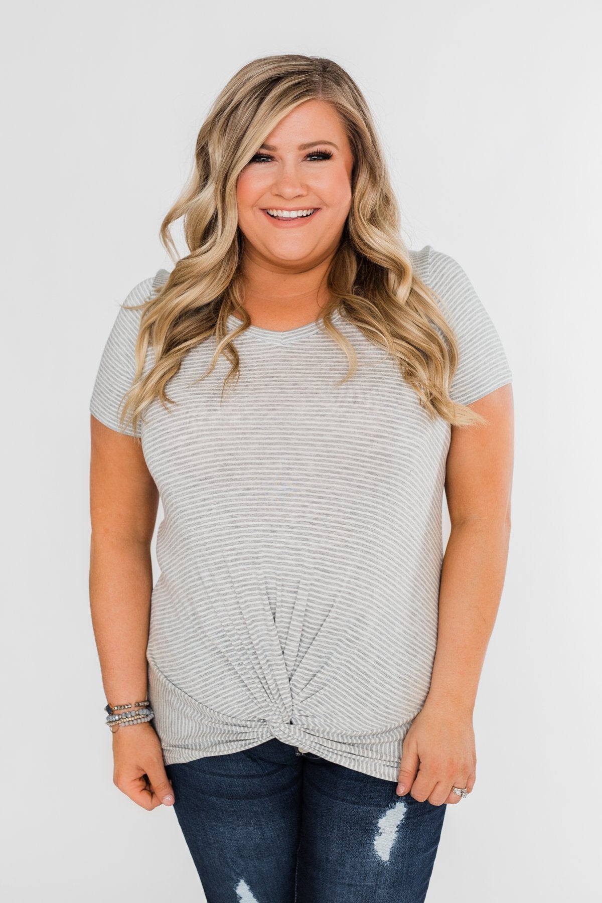 Knot This Time Striped Top- Heather Grey