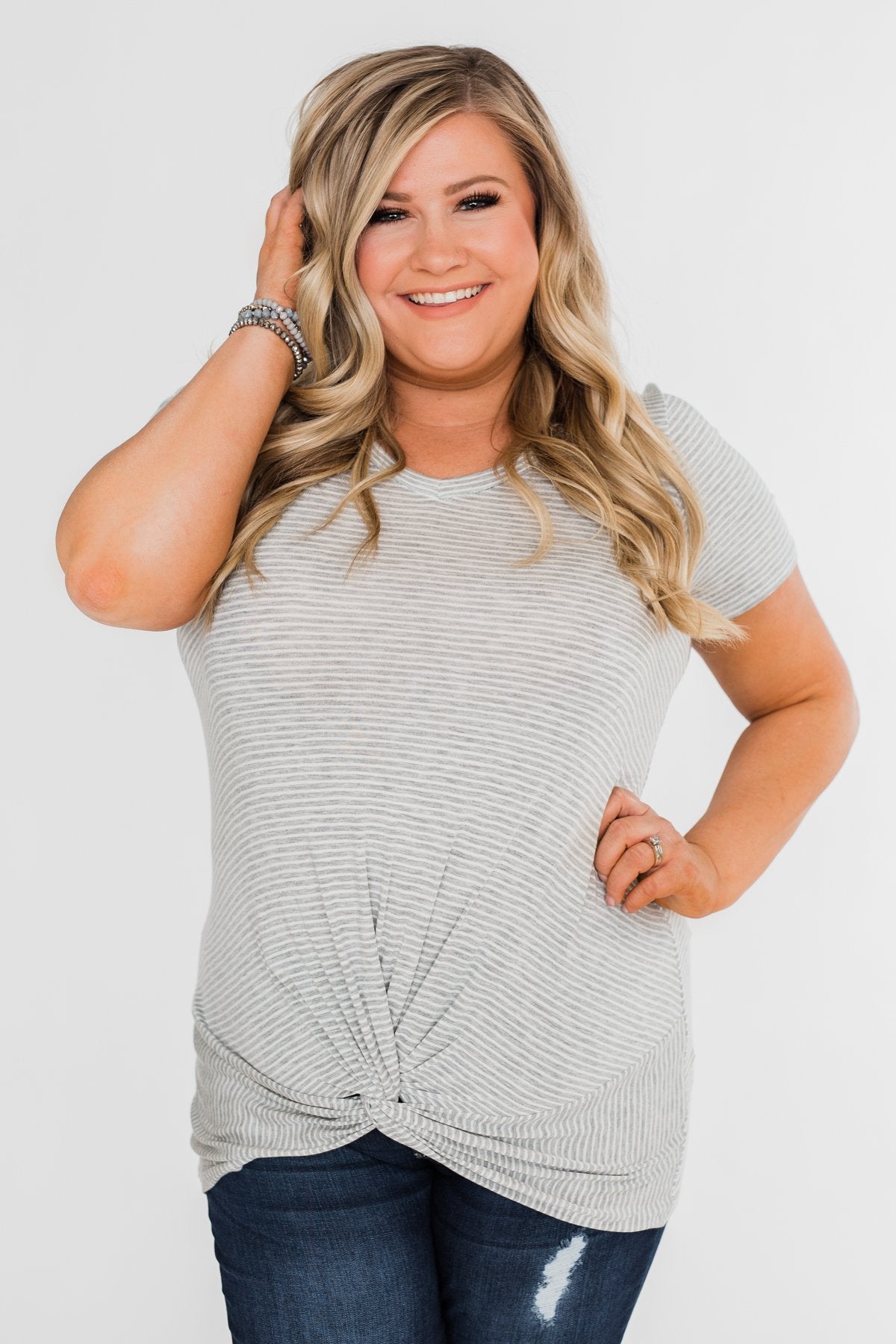 Knot This Time Striped Top- Heather Grey