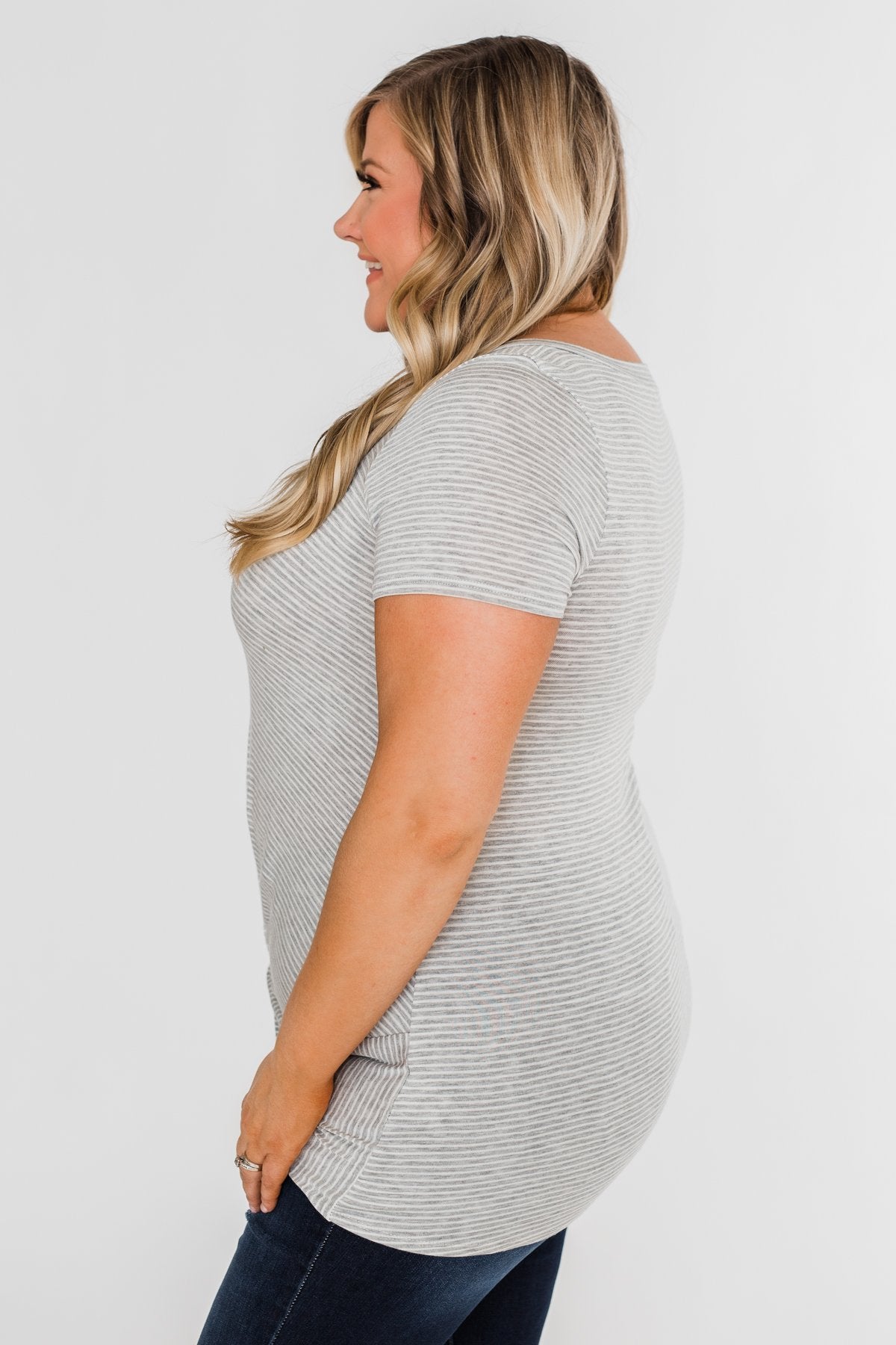 Knot This Time Striped Top- Heather Grey