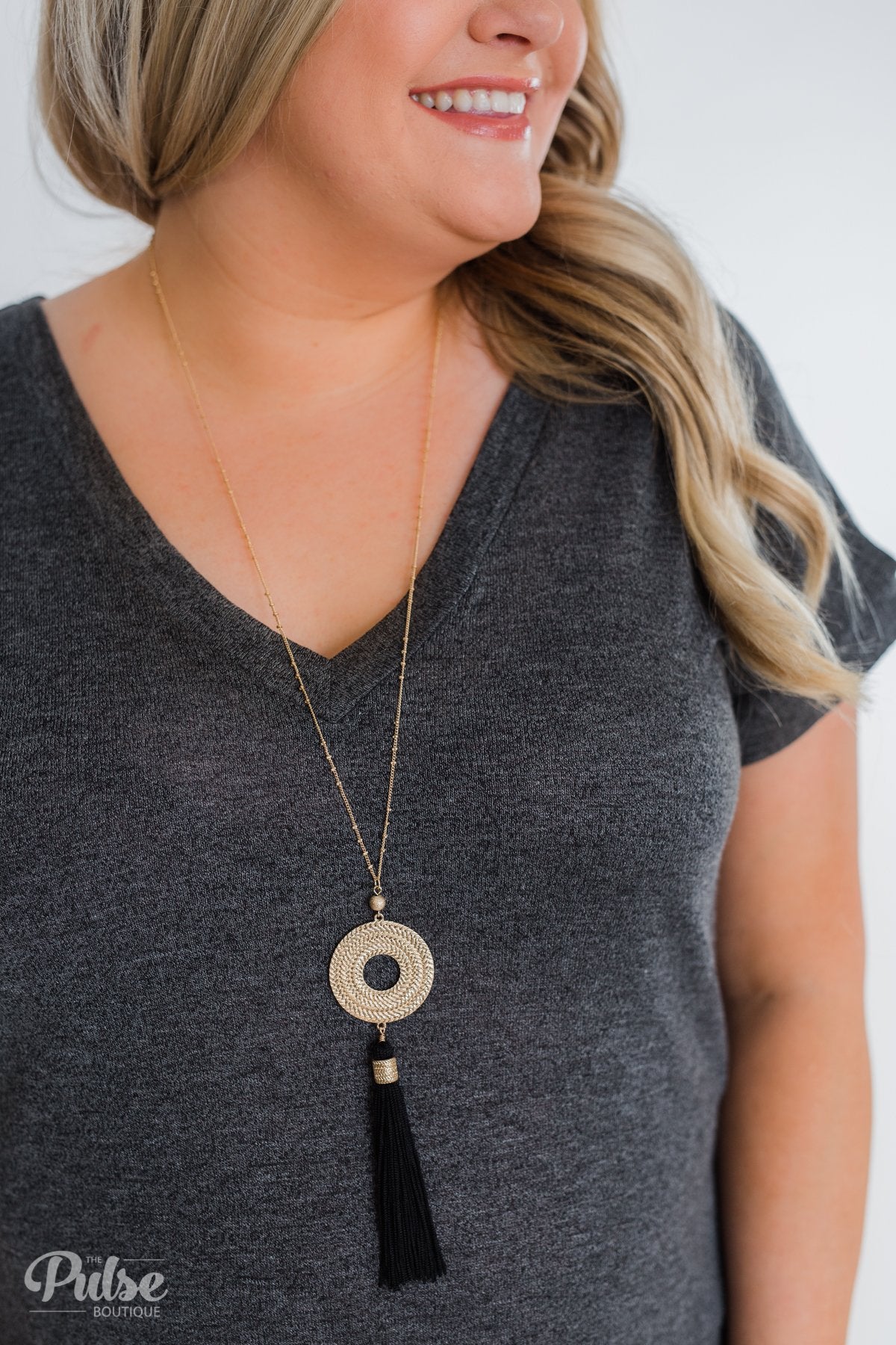 Gold Circle & Tassel Necklace- Black