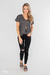 Crossing Into Casual Lace Back Top- Charcoal