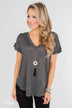 Crossing Into Casual Lace Back Top- Charcoal