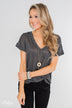 Crossing Into Casual Lace Back Top- Charcoal