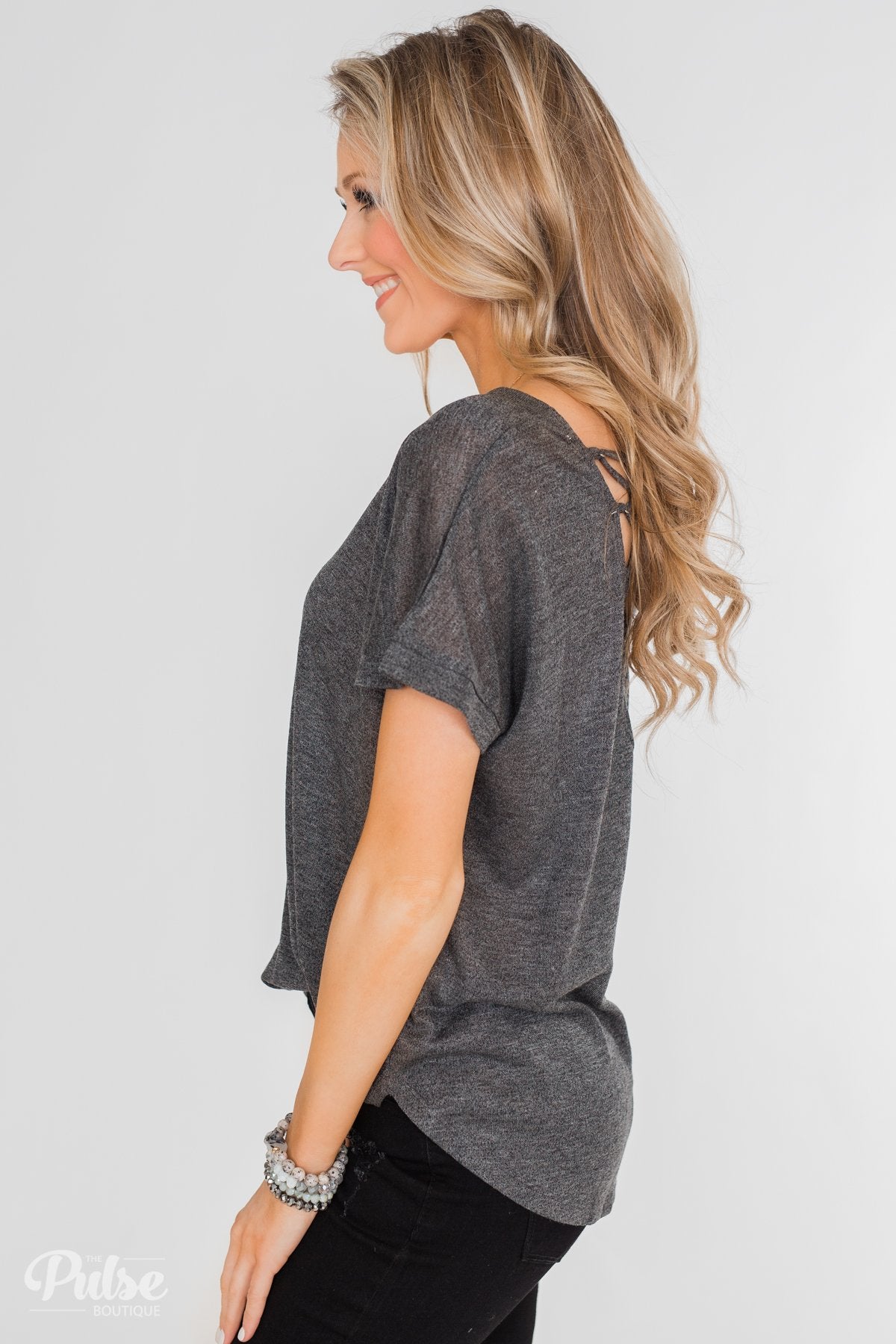 Crossing Into Casual Lace Back Top- Charcoal