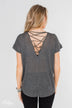 Crossing Into Casual Lace Back Top- Charcoal