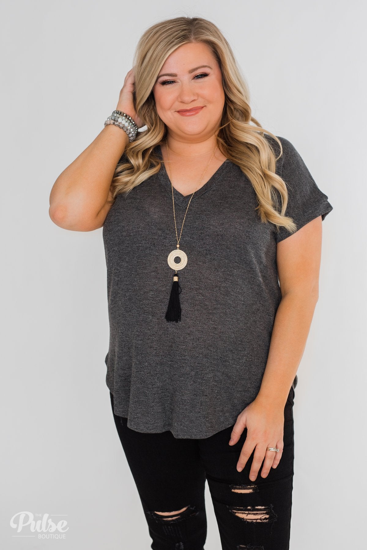 Crossing Into Casual Lace Back Top- Charcoal