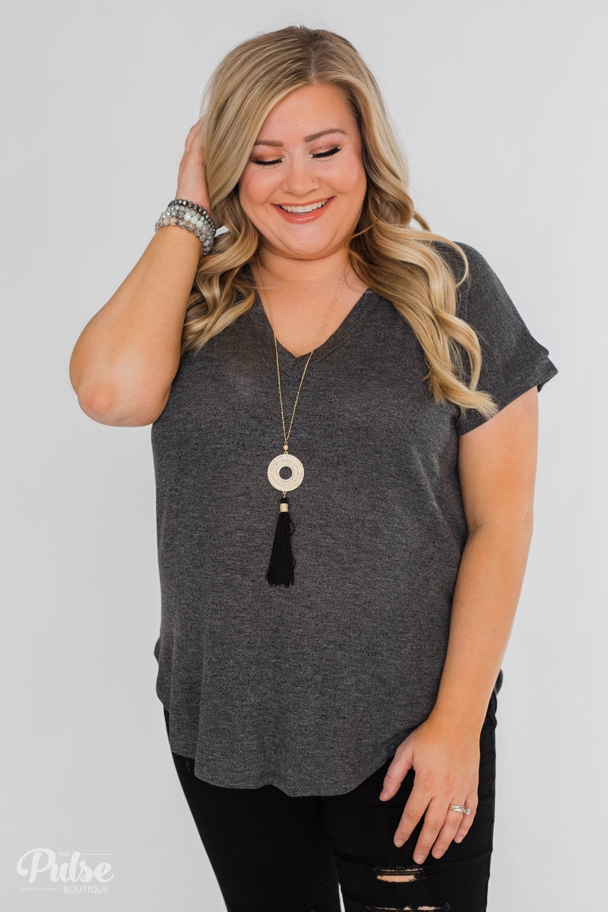 Crossing Into Casual Lace Back Top- Charcoal