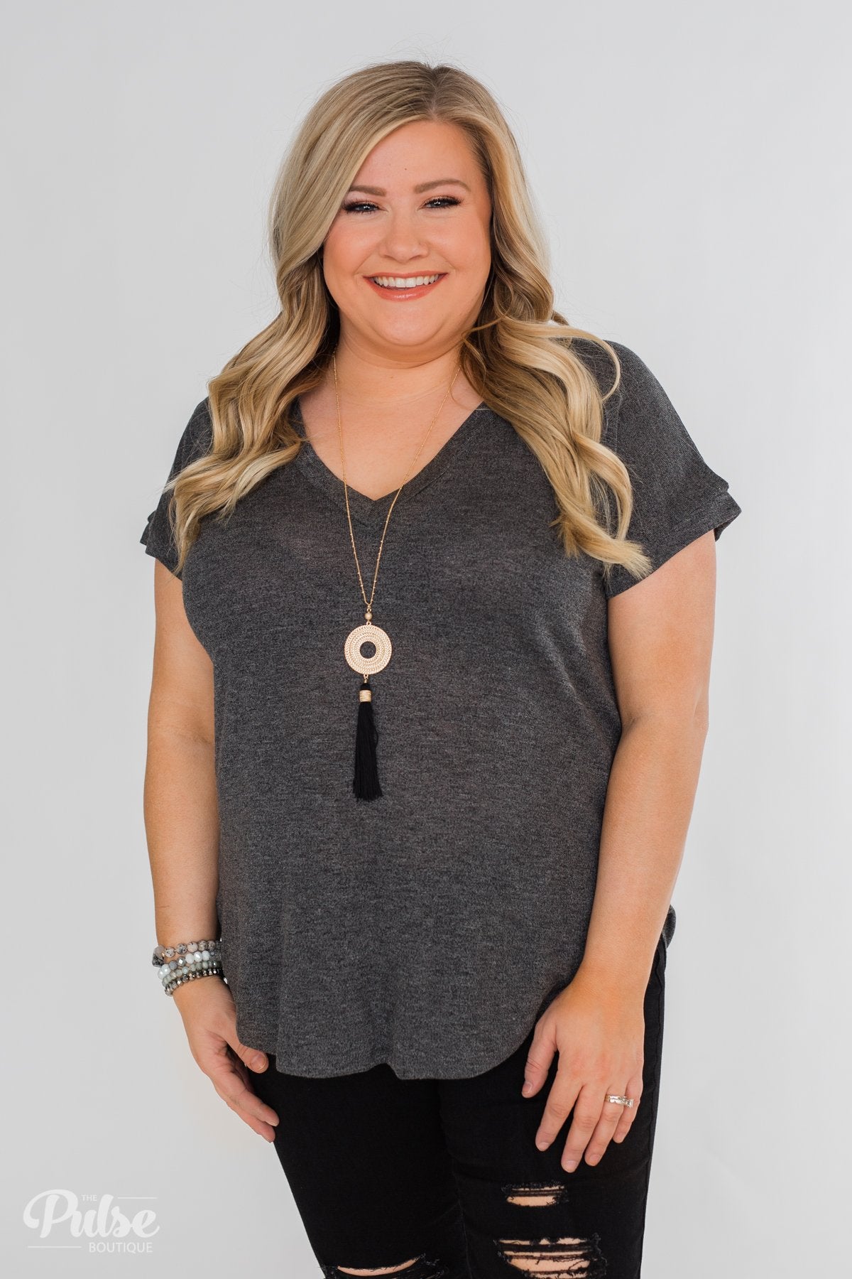 Crossing Into Casual Lace Back Top- Charcoal