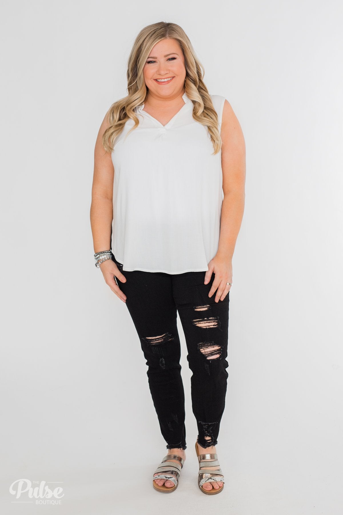 Taking Chances Collar Tank Top- White