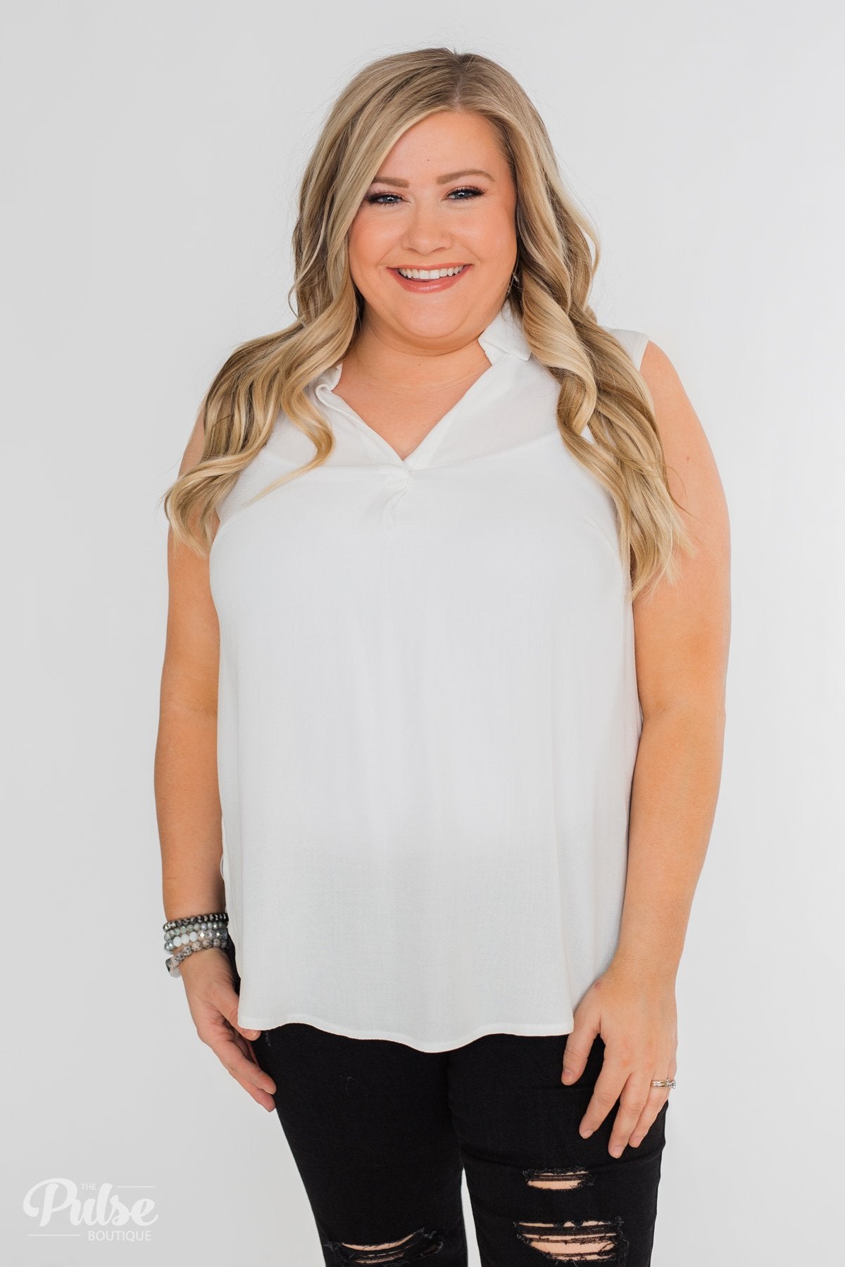 Taking Chances Collar Tank Top- White